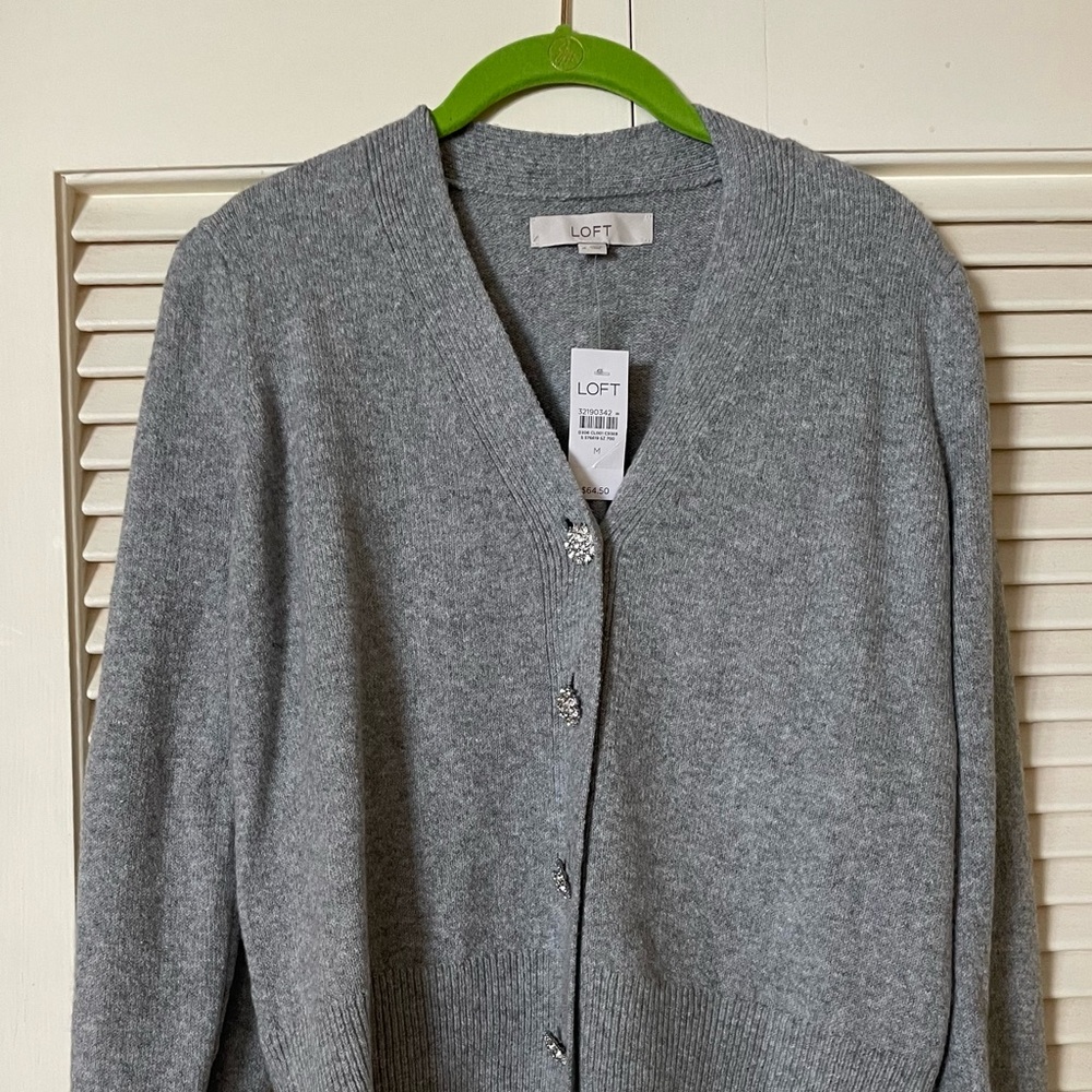 NWT - Ann Taylor Loft grey cardigan with jeweled buttons - Size M